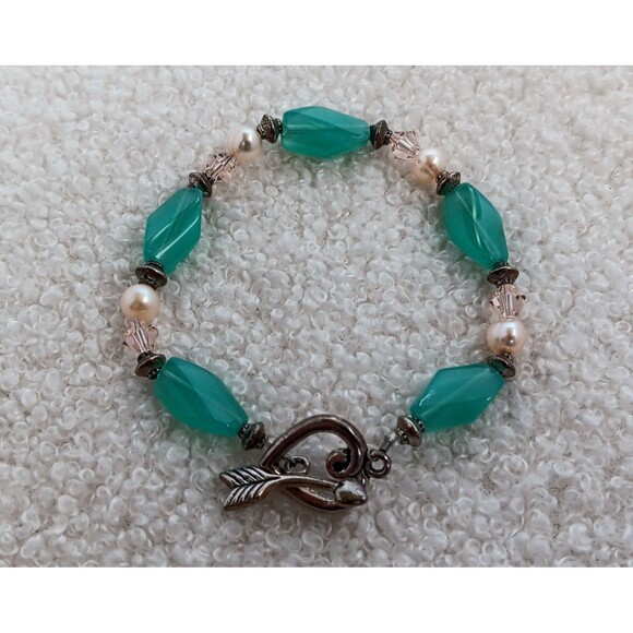 Sea Blue Chalcedony & Genuine Pearl Bracelet Arrow & Heart Clasp - Picture 2 of 6